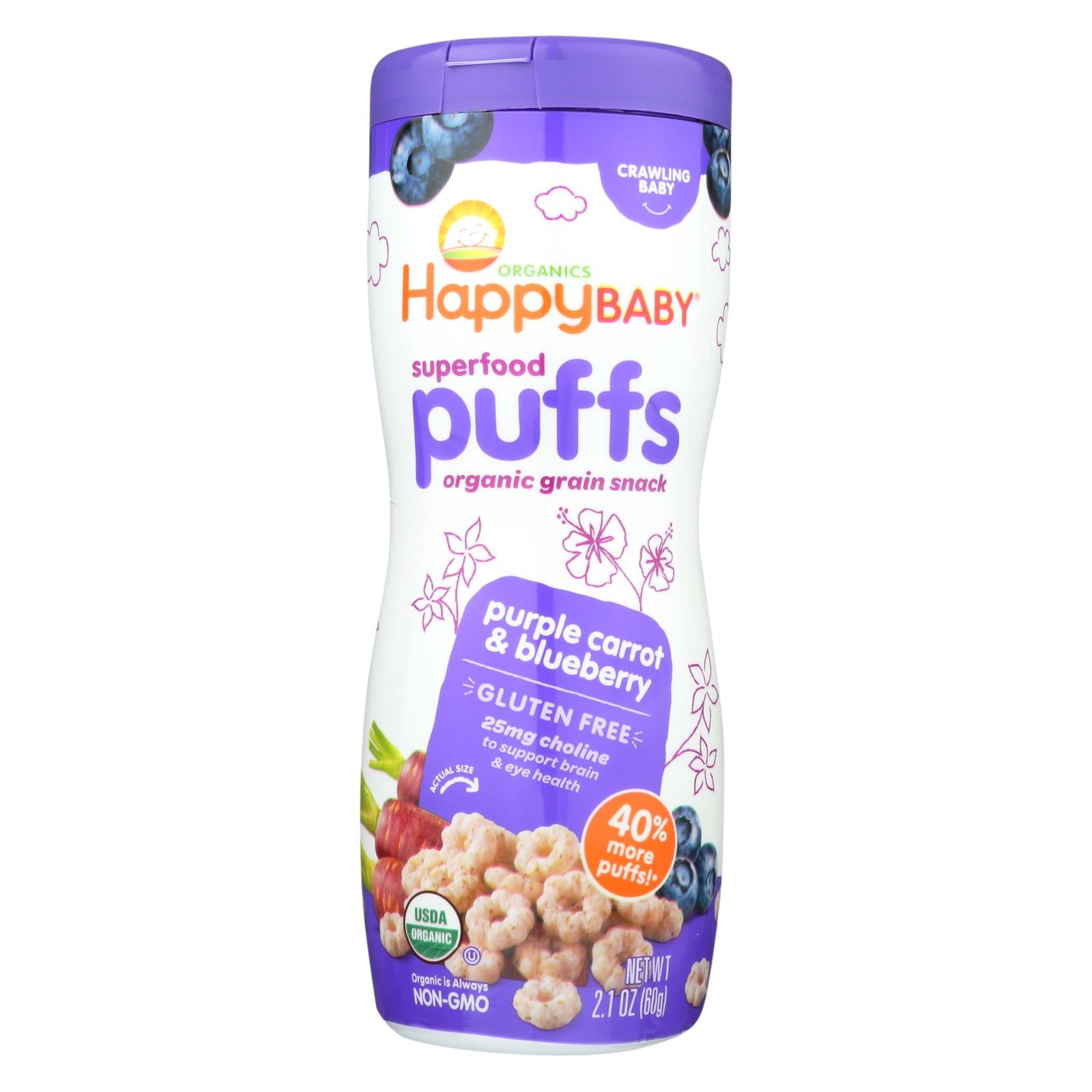 Happy Baby Happy Bites Puffs - Organic Happypuffs Purple Carrot And Blueberry - 2.1 Oz - Quantity: 6